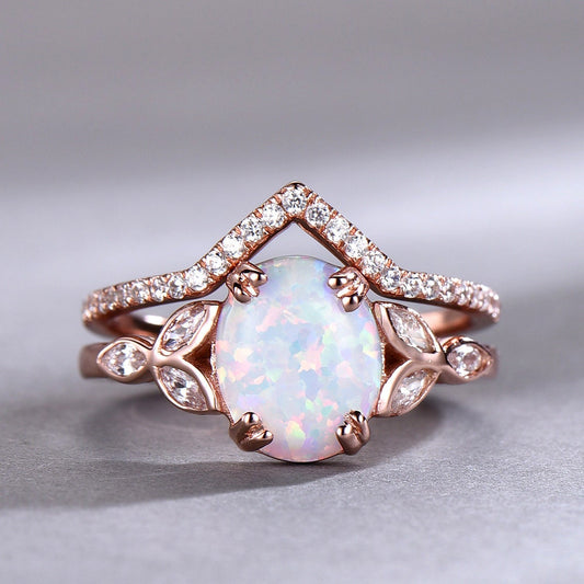 Opal Wedding Ring Set Opal Ring White Fire Opal Floral Engagment Ring Rose Gold Plated Unique Curve Wedding Band Silver Bridal Ring Set