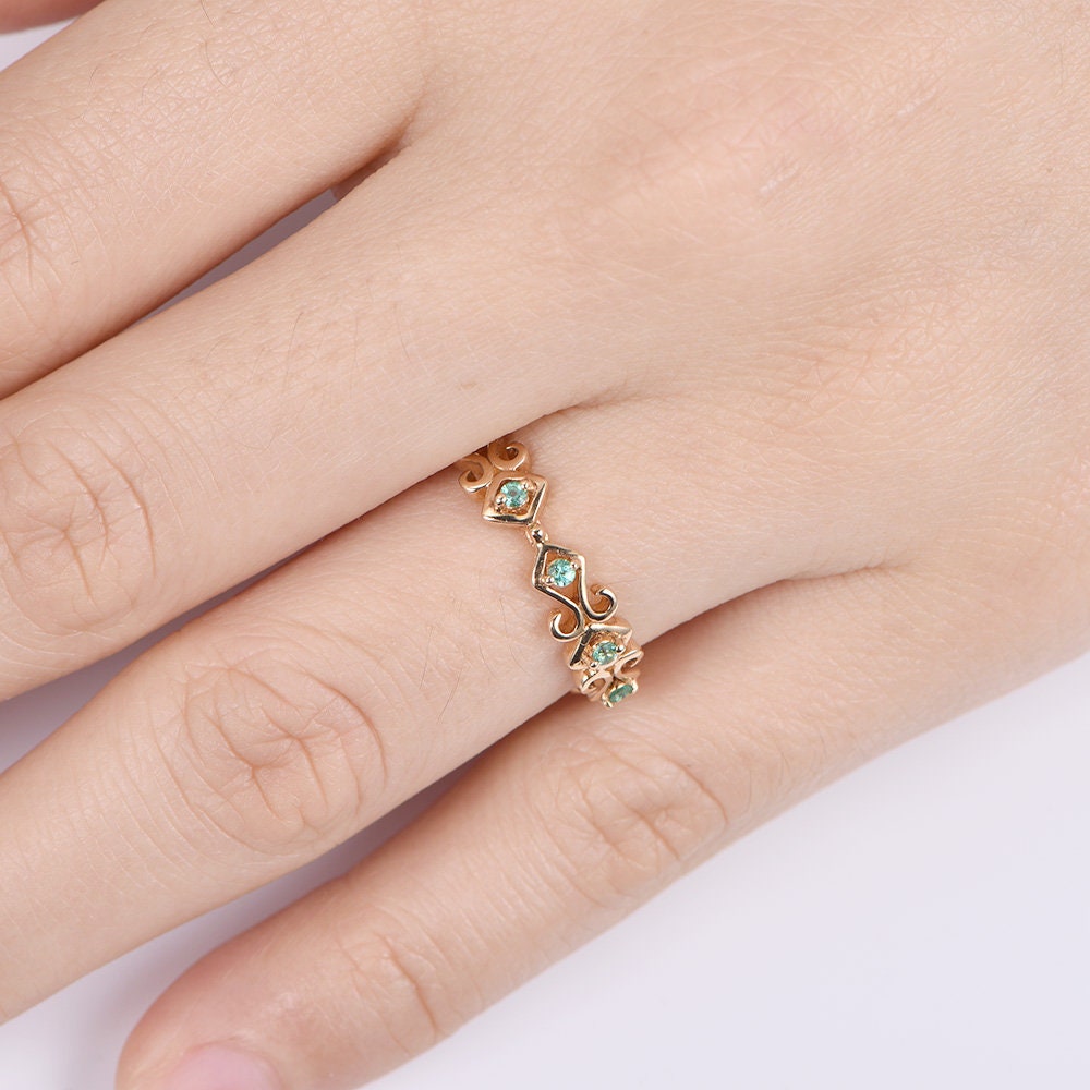 Vintage Emerald wedding band emerald ring full eternity ring solid 14k yellow gold stackable matching band bridal ring May birthstone