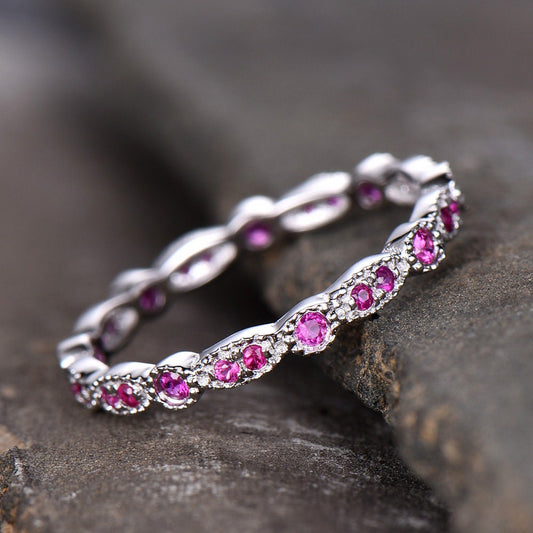 Ruby Wedding Ring,Natural Ruby,Eternity Ring,Full Eternity,Art Deco Band,Sterling silver,Matching Band,Stacking Ring