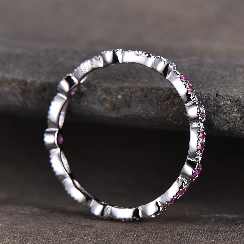 Ruby Wedding Ring,Natural Ruby,Eternity Ring,Full Eternity,Art Deco Band,Sterling silver,Matching Band,Stacking Ring
