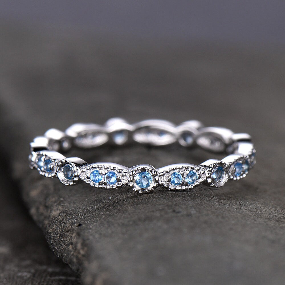 Topaz Wedding Ring,Blue Topaz Wedding Band,Art Deco Band,Natural Blue Topaz,Matching band,Bridal Ring Marquise Ring,Milgrain,Sterling Silver