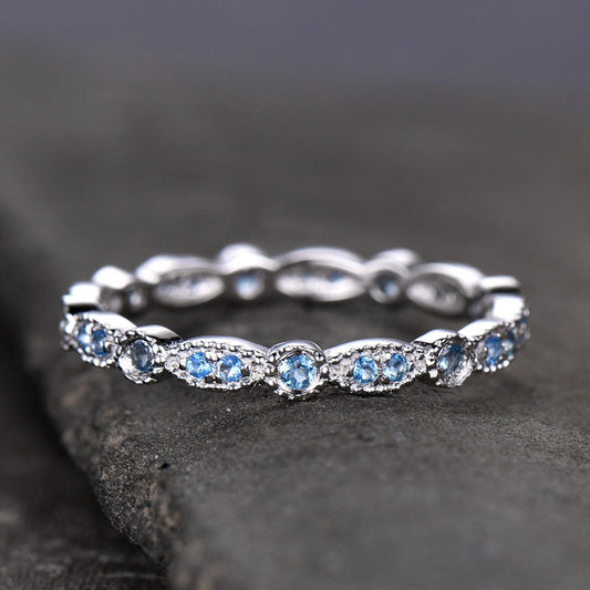 Topaz Wedding Ring,Blue Topaz Wedding Band,Art Deco Band,Natural Blue Topaz,Matching band,Bridal Ring Marquise Ring,Milgrain,Sterling Silver