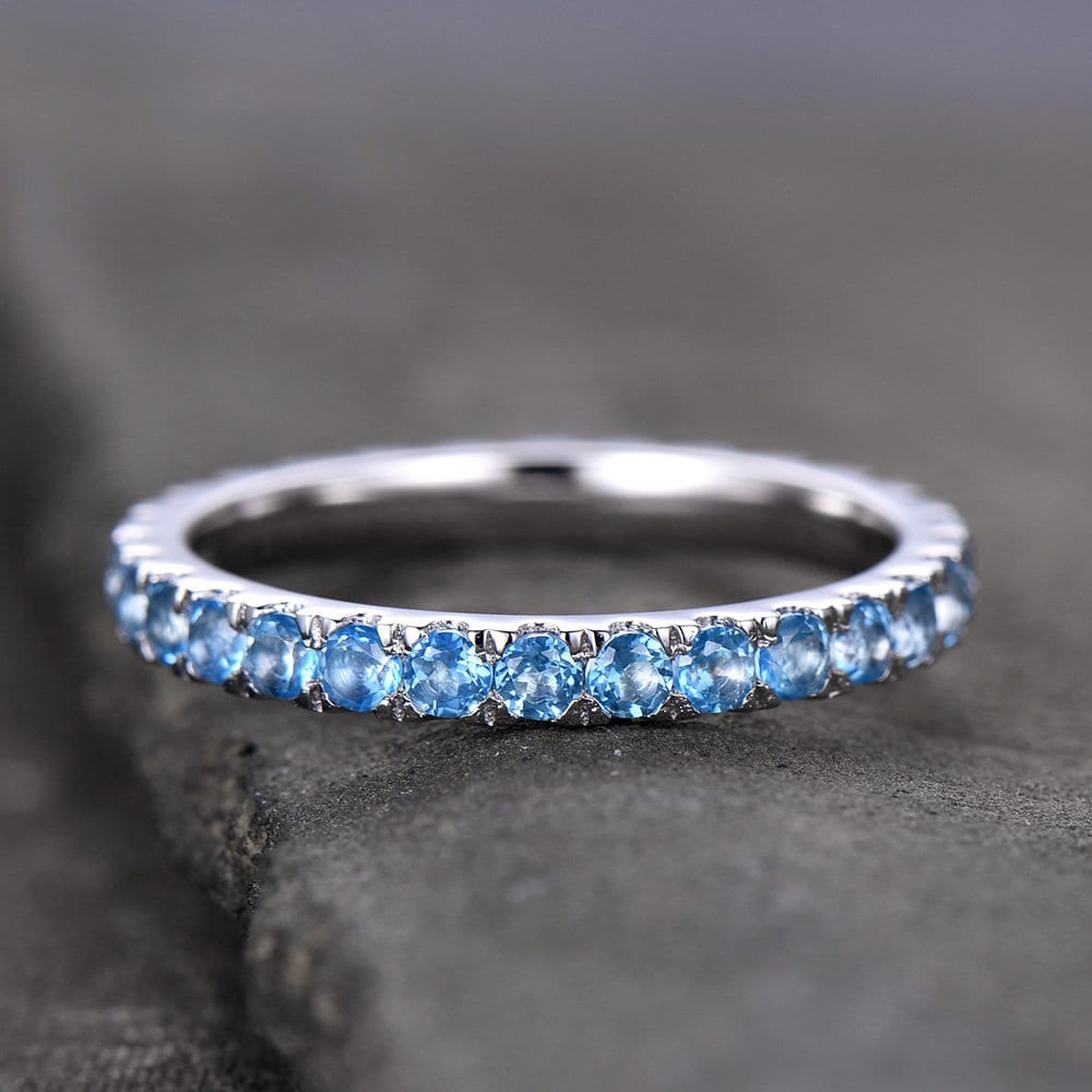 Eternity Band Blue Topaz Wedding Band Topaz Ring Aniversary Ring Sterling Silver Stacking Ring White Gold Plated