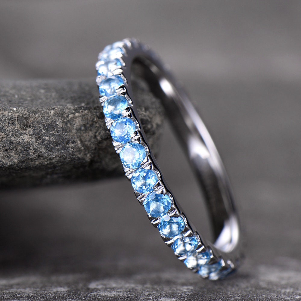 Eternity Band Blue Topaz Wedding Band Topaz Ring Aniversary Ring Sterling Silver Stacking Ring White Gold Plated