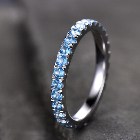 Eternity Band Blue Topaz Wedding Band Topaz Ring Aniversary Ring Sterling Silver Stacking Ring White Gold Plated