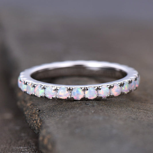 Opal Ring,Opal Wedding Band,Eternity Band,Opal Stacking Ring,Matching Band,Promise Ring,Anniversary,Gift for Women,White Gold,October Ring