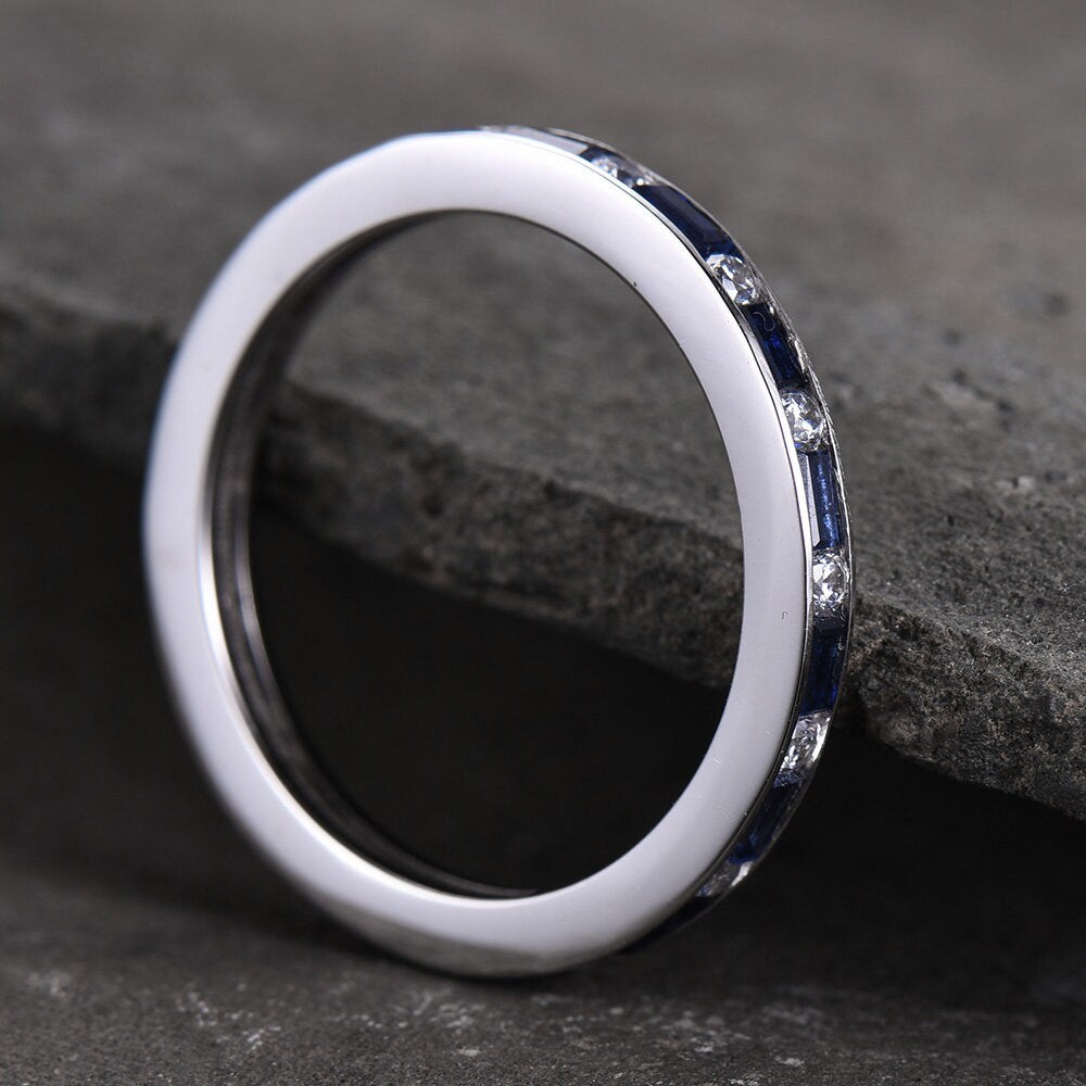 Sapphire Ring Baguette Cut Blue Sapphire And Diamond Simulant Wedding Band Full Eternity Sterling Silver Anniversary stacking rings
