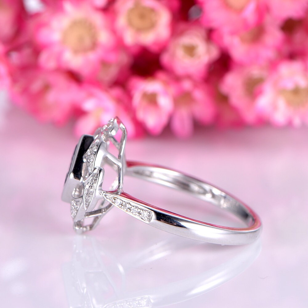 Sapphire engagement ring princess cut natural blue sapphire ring floral diamond halo diamond wedding band birthstone ring 14k white gold