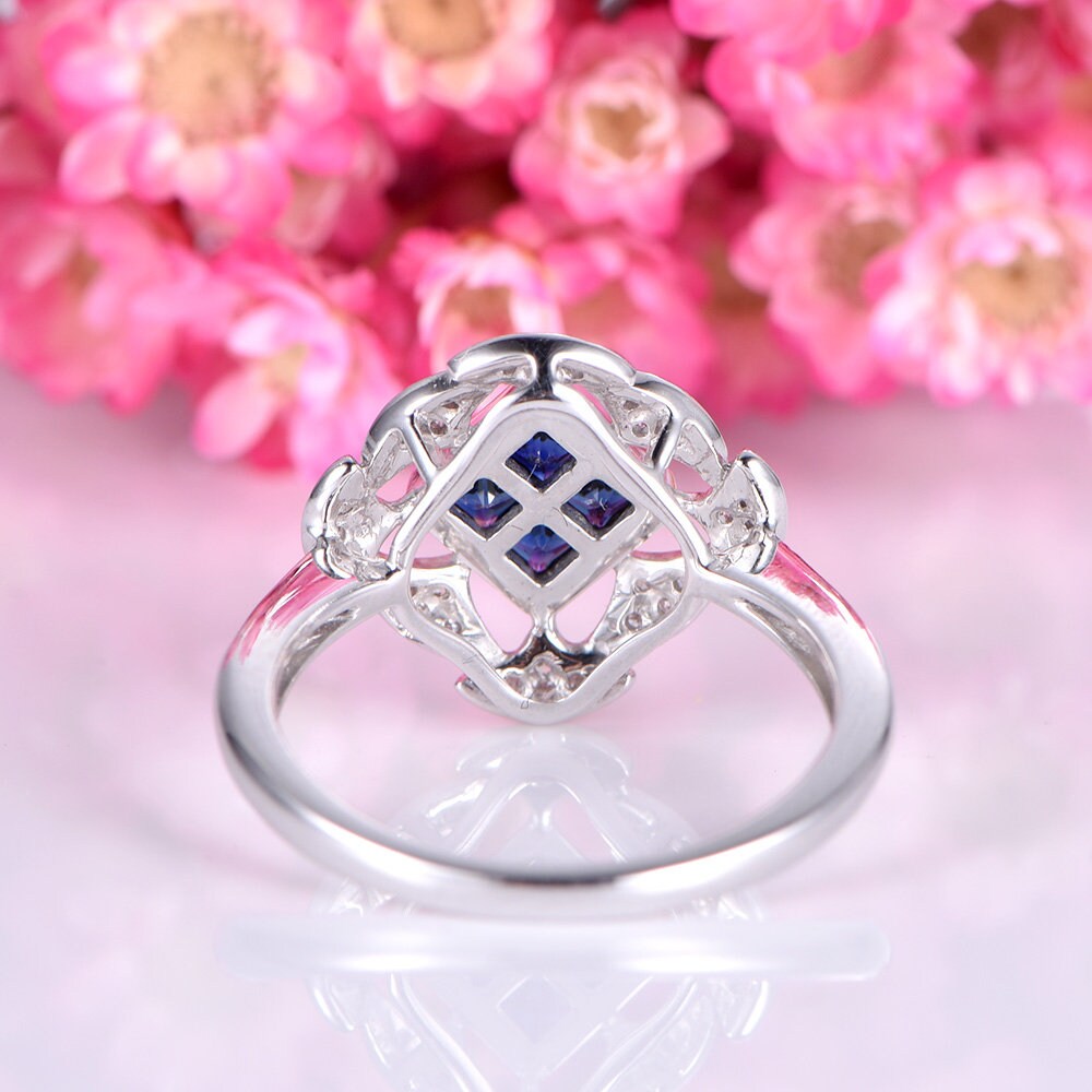 Sapphire engagement ring princess cut natural blue sapphire ring floral diamond halo diamond wedding band birthstone ring 14k white gold