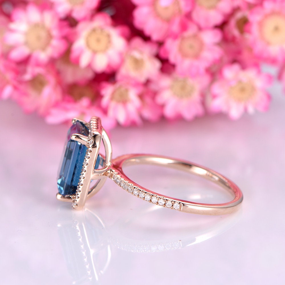 London blue topaz engagement ring 8x10mm emerald cut natural topaz ring diamond wedding band solid 14k rose gold solitare ring customized