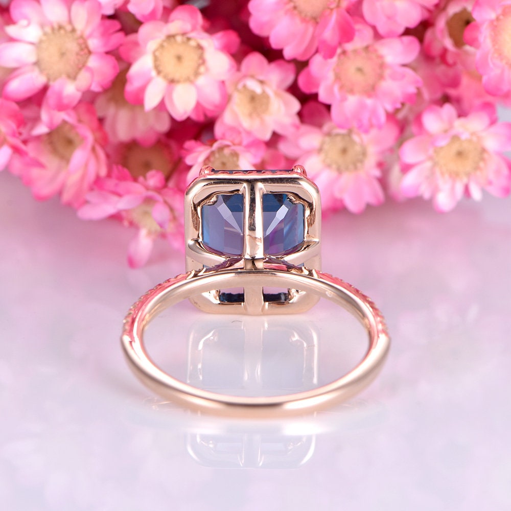 London blue topaz engagement ring 8x10mm emerald cut natural topaz ring diamond wedding band solid 14k rose gold solitare ring customized