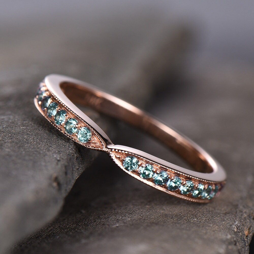 Alexandrite Ring Curve Wedding Band Chevron Ring Sterling Silver Eternity Band Stacking V Ring June Birthstone Rose Gold Plated