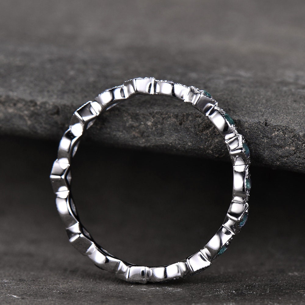 Art Deco Wedding Band Alexandrite Ring Aniversary Ring Sterling Silver Eternity Band Stacking Ring June Birthstone White Gold Plated