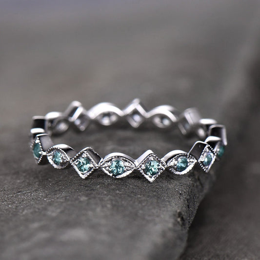Art Deco Wedding Band Alexandrite Ring Aniversary Ring Sterling Silver Eternity Band Stacking Ring June Birthstone White Gold Plated