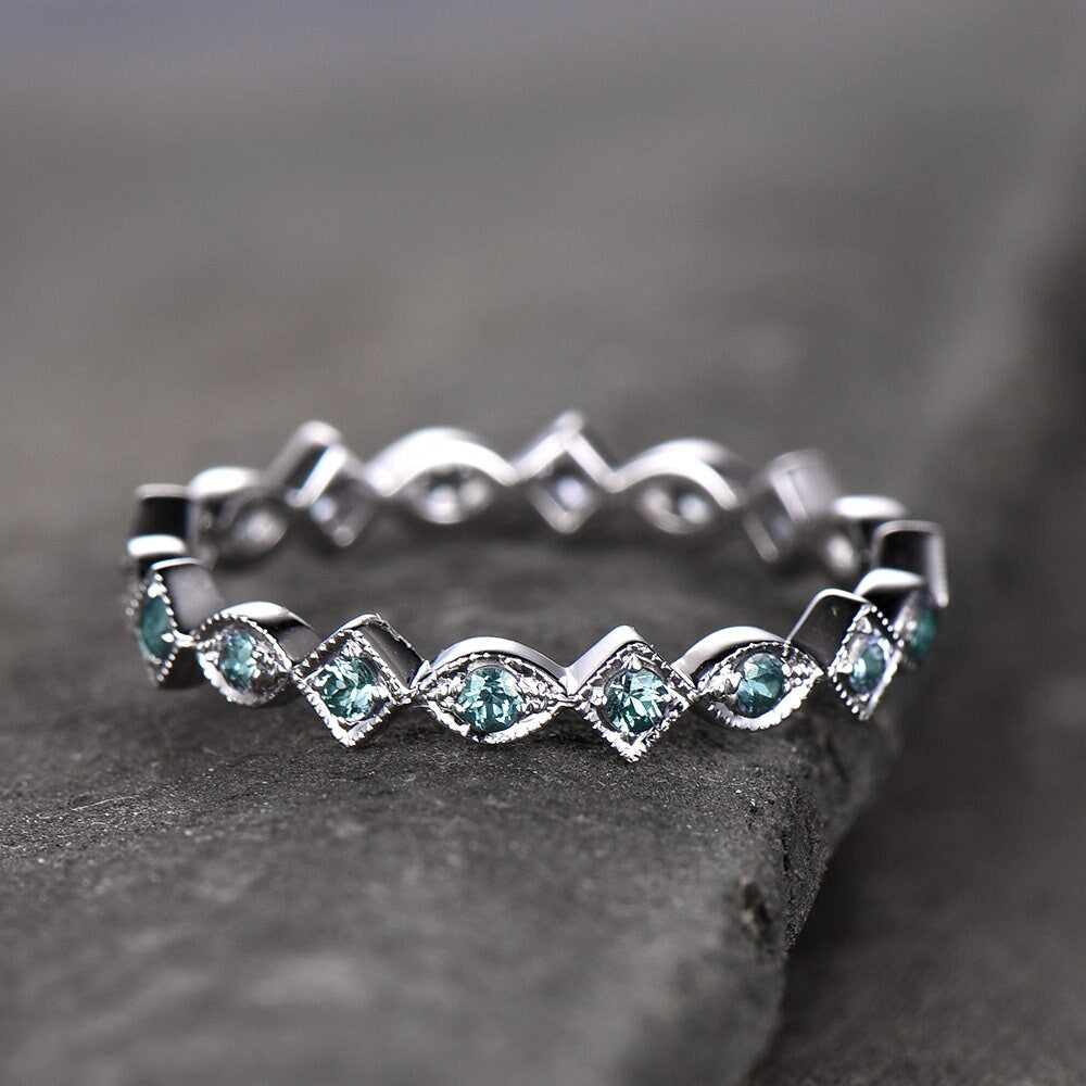Art Deco Wedding Band Alexandrite Ring Aniversary Ring Sterling Silver Eternity Band Stacking Ring June Birthstone White Gold Plated