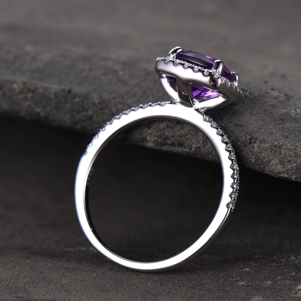 Amethyst Engagement Ring 6.5mm Cushion Cut Purple Amethyst Diamond Simulant Wedding Band Promise Anniversary Ring