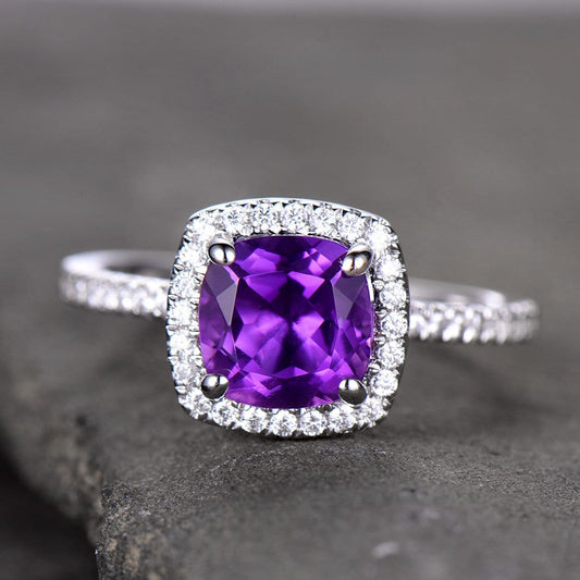 Amethyst Engagement Ring 6.5mm Cushion Cut Purple Amethyst Diamond Simulant Wedding Band Promise Anniversary Ring
