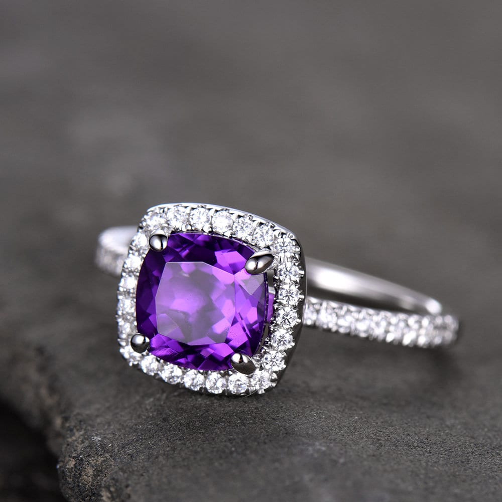 Amethyst Engagement Ring 6.5mm Cushion Cut Purple Amethyst Diamond Simulant Wedding Band Promise Anniversary Ring