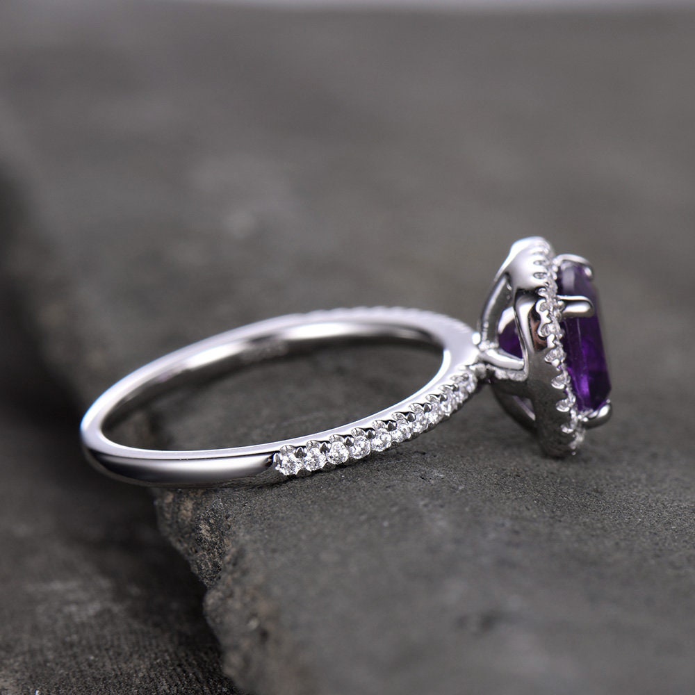 Amethyst Engagement Ring 6.5mm Cushion Cut Purple Amethyst Diamond Simulant Wedding Band Promise Anniversary Ring