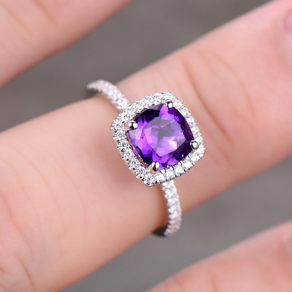 Amethyst Engagement Ring 6.5mm Cushion Cut Purple Amethyst Diamond Simulant Wedding Band Promise Anniversary Ring