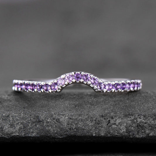 Sterling Silver Rings Amethyst Wedding Band Half Eternity Curved Ring White Gold Plated Anniversary Gift