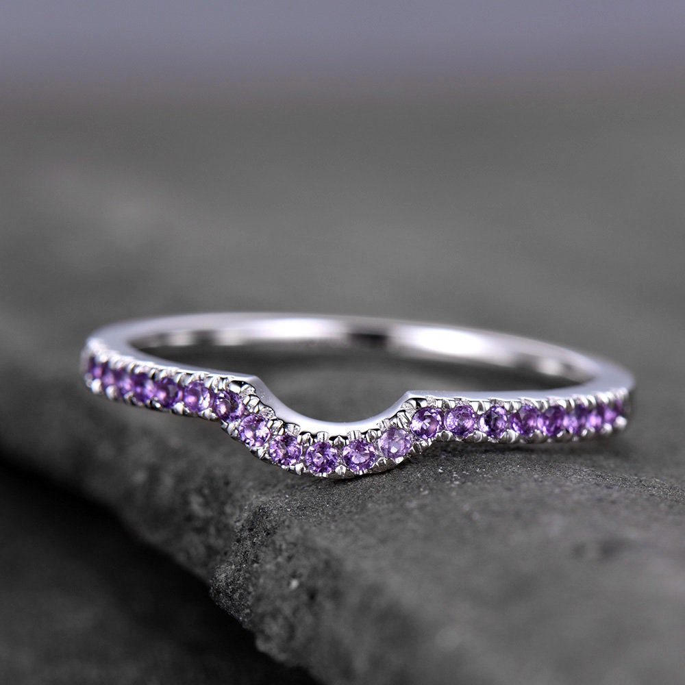 Sterling Silver Rings Amethyst Wedding Band Half Eternity Curved Ring White Gold Plated Anniversary Gift