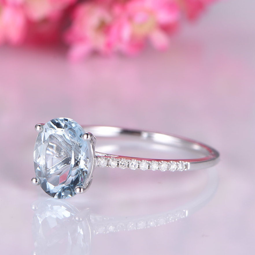Natural oval aquamarine engagement ring white gold diamond eternity band 7x9mm VS blue aquamarine promise ring March stone anniversary gift