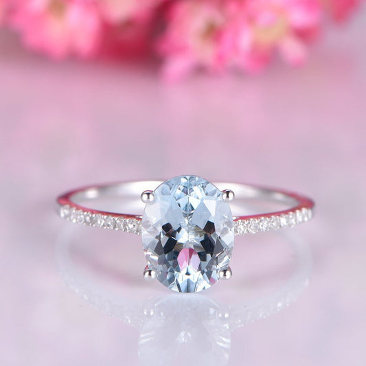 Natural oval aquamarine engagement ring white gold diamond eternity band 7x9mm VS blue aquamarine promise ring March stone anniversary gift