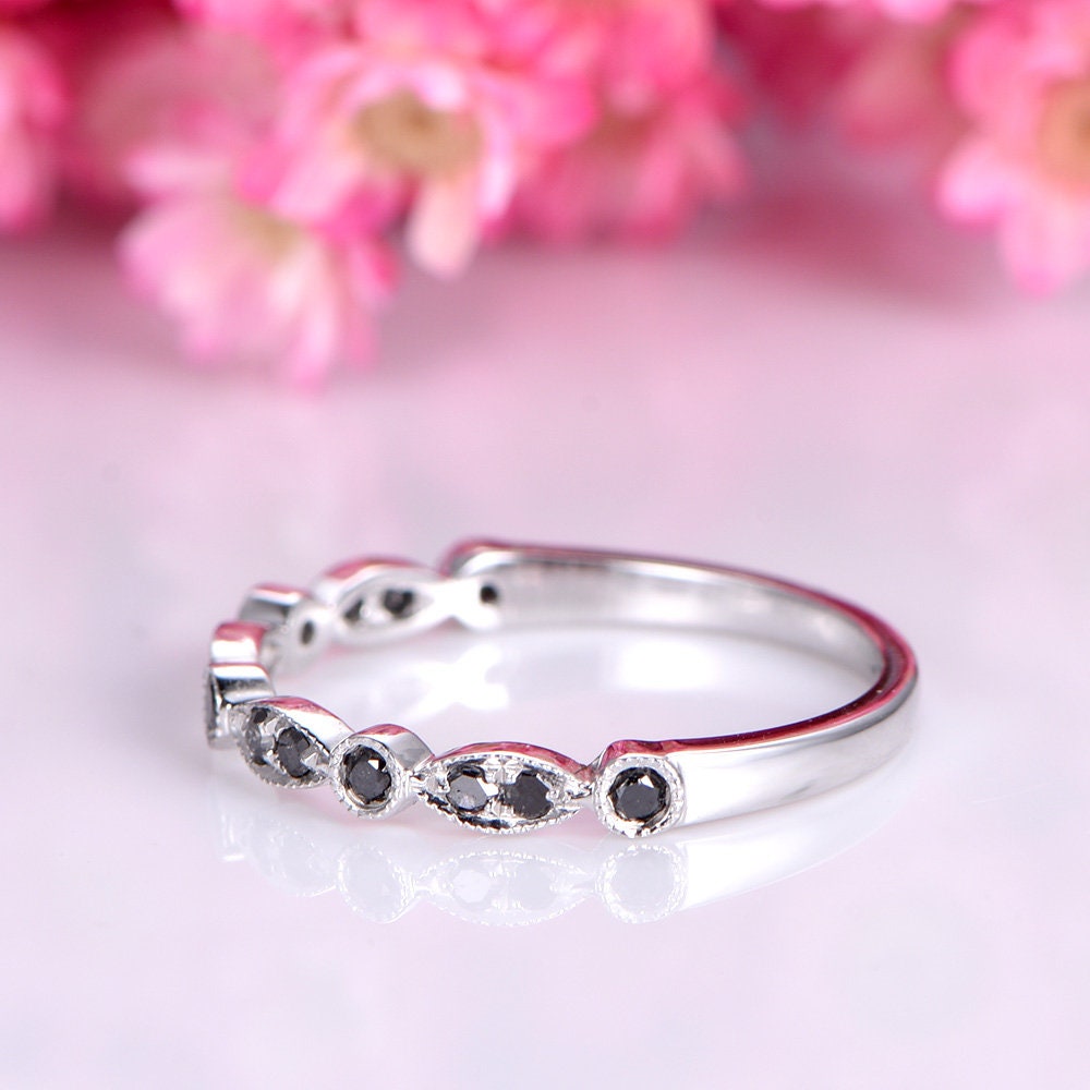 Black diamond wedding band 14k white gold natural diamond wedding ring art deco half eternity ring stacking matching band