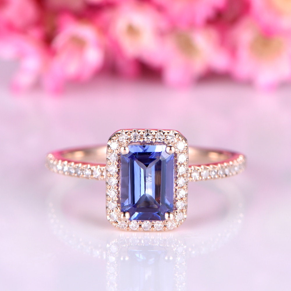 Tanzanite engegament ring rose gold 5x7mm emerald cut natural blue tanzante ring diamond ring diamond wedding band halo ring 14k/18k