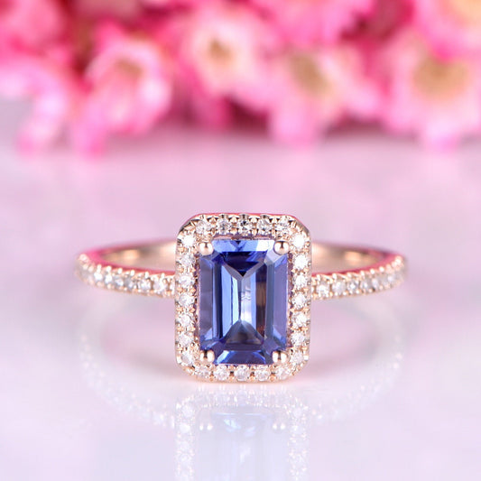 Tanzanite engegament ring rose gold 5x7mm emerald cut natural blue tanzante ring diamond ring diamond wedding band halo ring 14k/18k