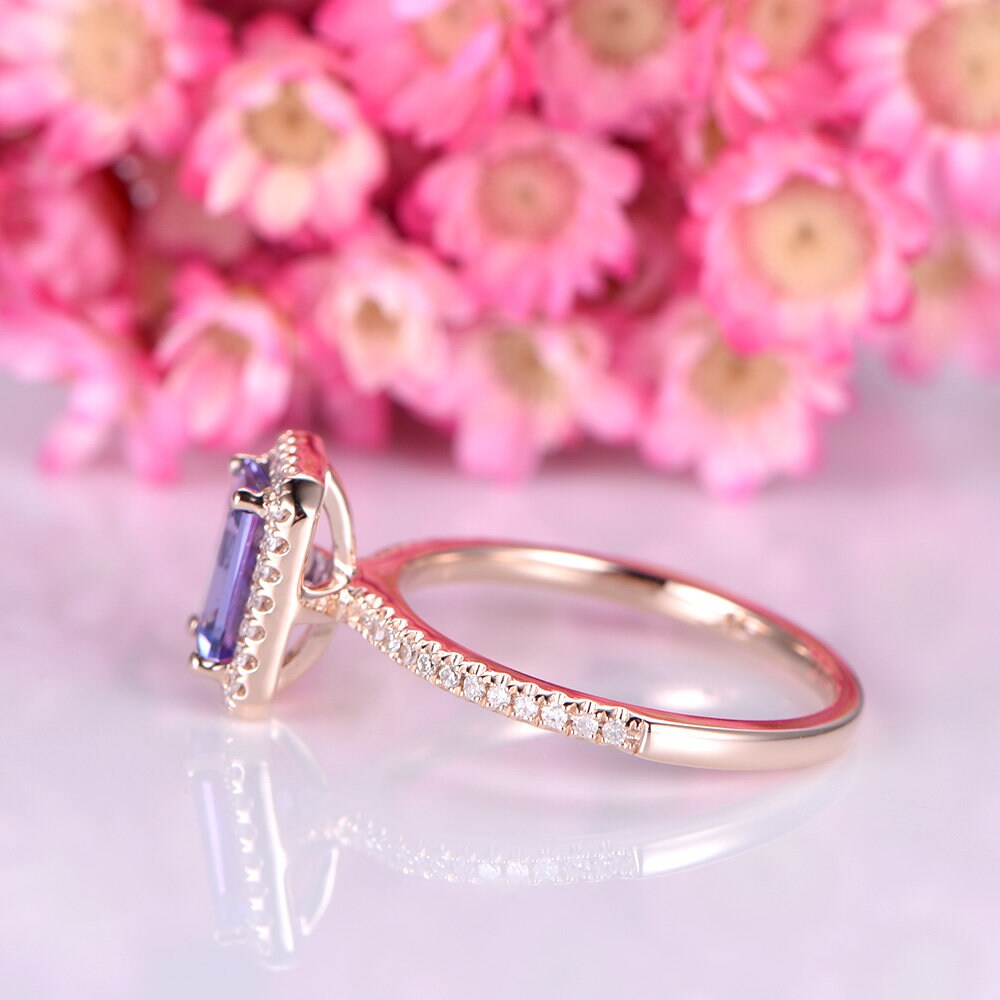 Tanzanite engegament ring rose gold 5x7mm emerald cut natural blue tanzante ring diamond ring diamond wedding band halo ring 14k/18k