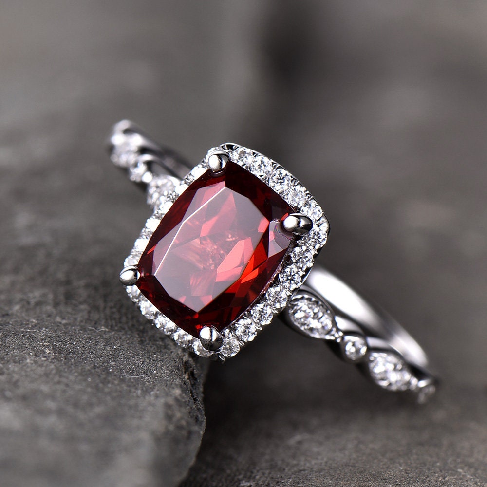 Garnet Wedding Set Natural Red Garnet Cushion Cut Sterling Silver Ring Art Deco Wedding Band Handmade Gift Birthday Gift Ring Vintage