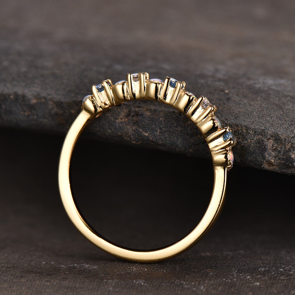 Opal Wedding Band/White Opal Ring/Blue Topaz Ring/Silver Ring Band/Yellow Gold Plated/Opal Jewelry