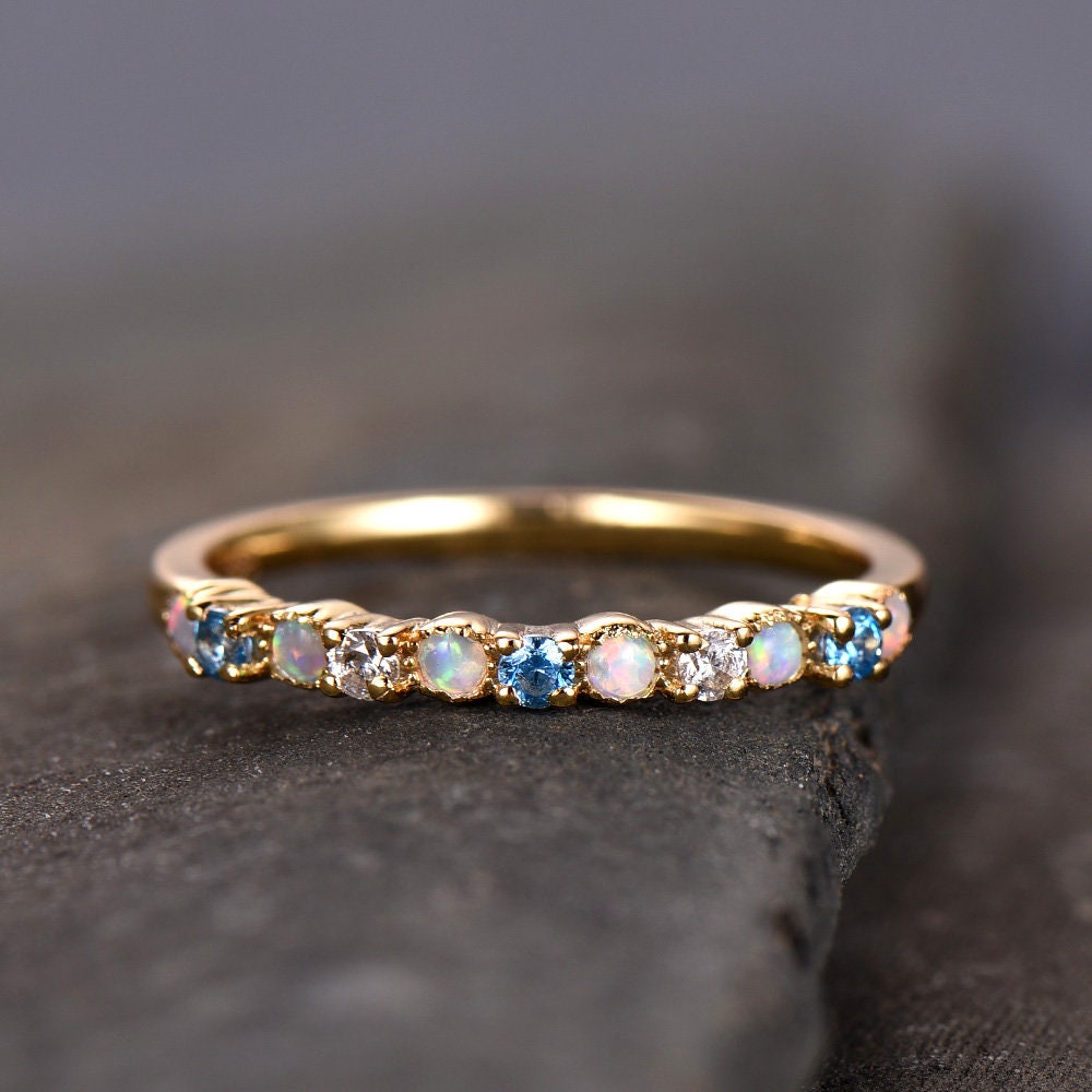 Opal Wedding Band/White Opal Ring/Blue Topaz Ring/Silver Ring Band/Yellow Gold Plated/Opal Jewelry