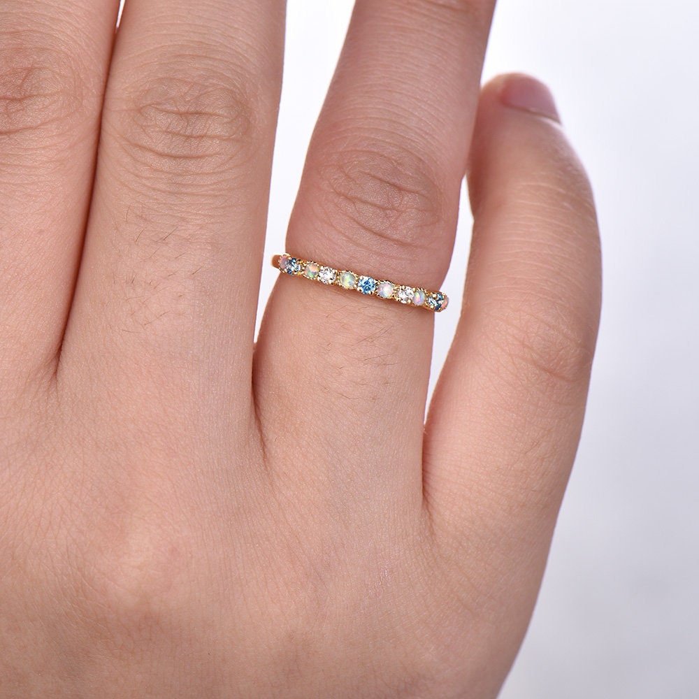 Opal Wedding Band/White Opal Ring/Blue Topaz Ring/Silver Ring Band/Yellow Gold Plated/Opal Jewelry