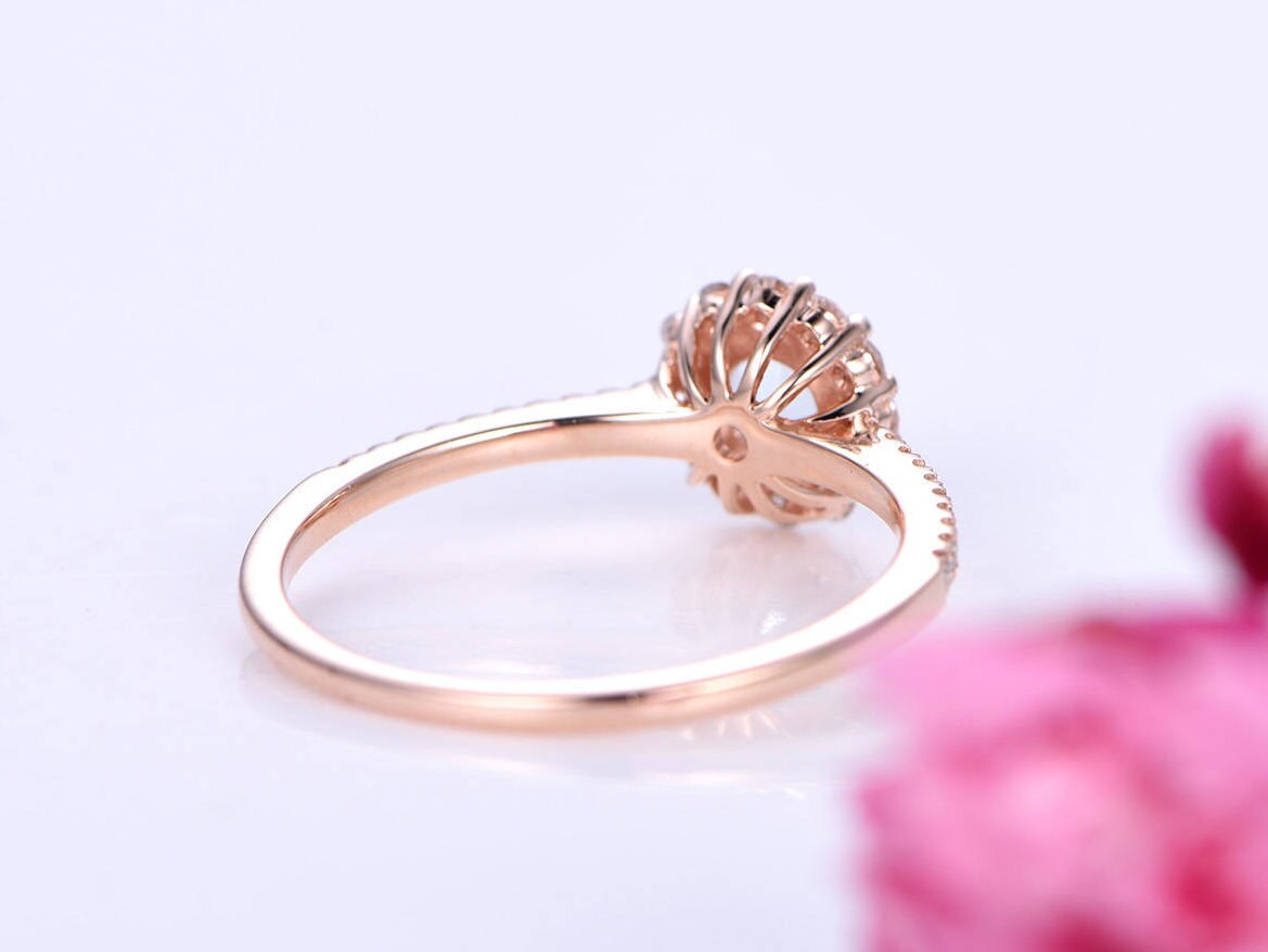 Aquamarine engagement ring 5mm round aquamarine ring floral moissanite halo half eternity diamond band anniversary ring solid 14k rose gold