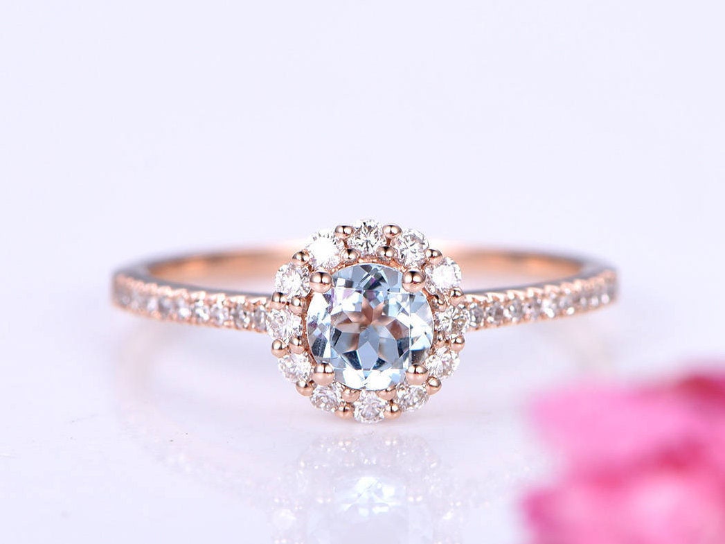 Aquamarine engagement ring 5mm round aquamarine ring floral moissanite halo half eternity diamond band anniversary ring solid 14k rose gold