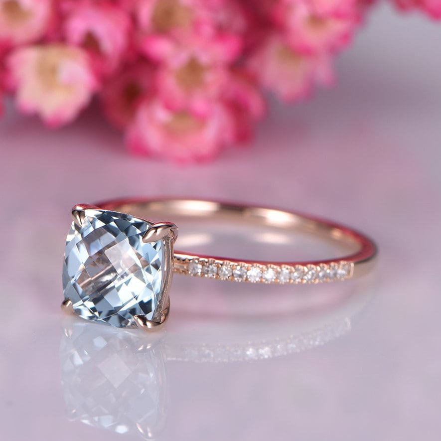 Aquamarine engagement ring rose gold diamond wedding band half eternity band 8mm cushion cut stone solitaire ring March gem handmade jewelry