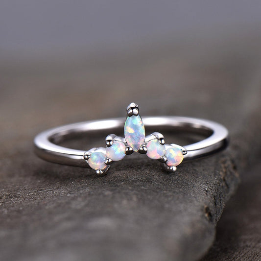 Opal ring,curve wedding band,crown wedding band,opal matching band,sterling silver ring,unique curved stacking band,Anniversary ring