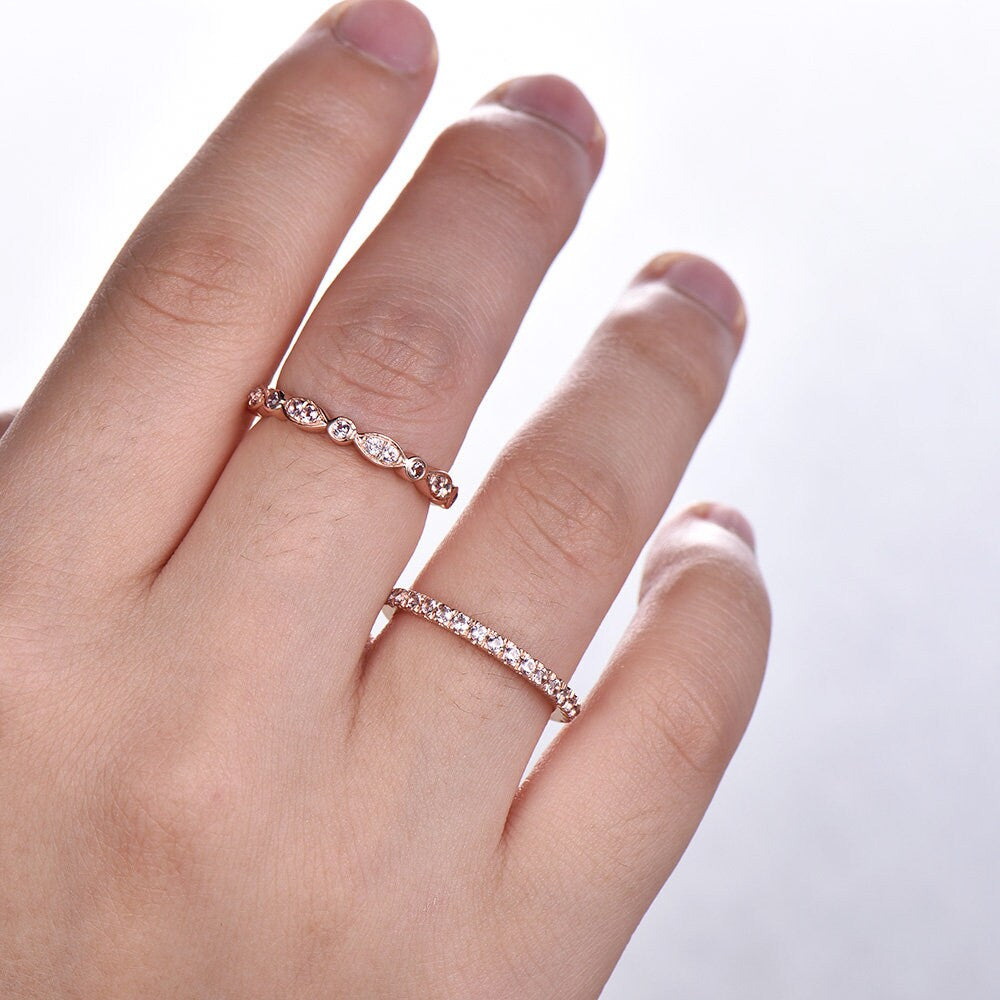 Morganite Wedding Ring Set,Wedding Ring,Morganite Wedding Band,Half Eternity Morganite Wedding Band, Silver Rose Gold Plated,Stacking Ring