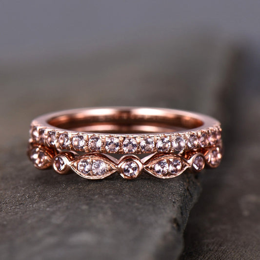 Morganite Wedding Ring Set,Wedding Ring,Morganite Wedding Band,Half Eternity Morganite Wedding Band, Silver Rose Gold Plated,Stacking Ring