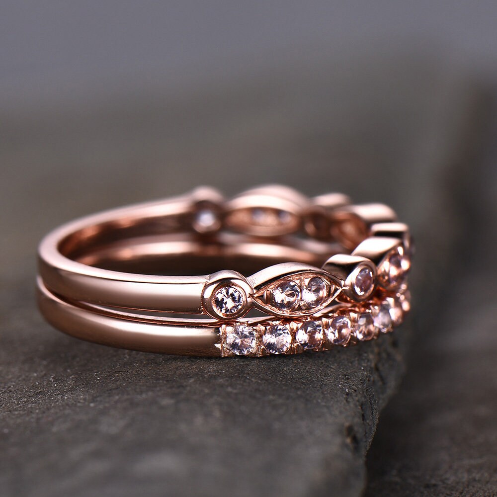 Morganite Wedding Ring Set,Wedding Ring,Morganite Wedding Band,Half Eternity Morganite Wedding Band, Silver Rose Gold Plated,Stacking Ring
