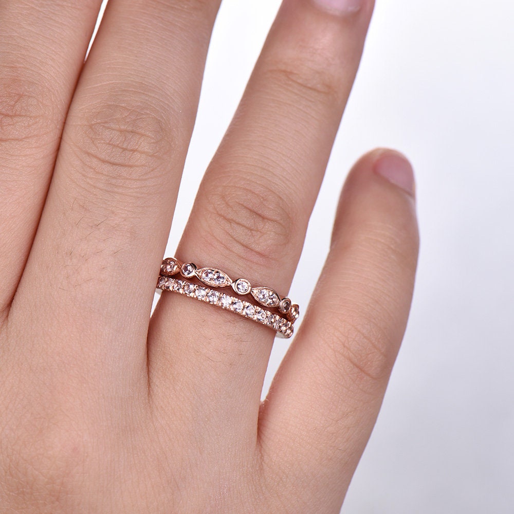 Morganite Wedding Ring Set,Wedding Ring,Morganite Wedding Band,Half Eternity Morganite Wedding Band, Silver Rose Gold Plated,Stacking Ring