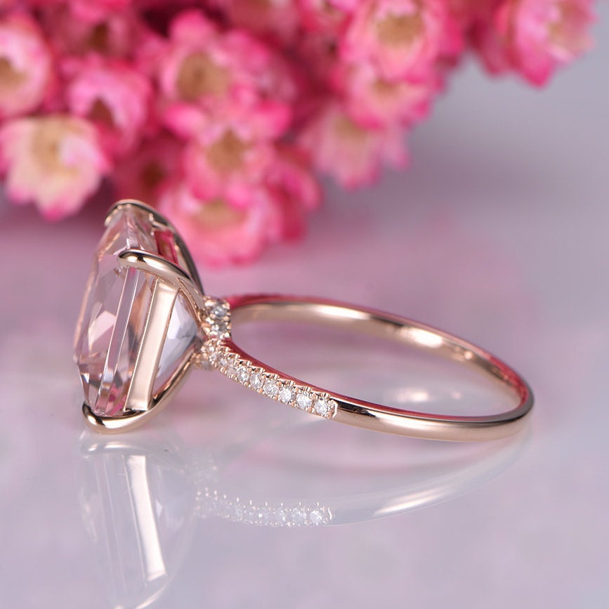Morganite ring rose gold engagement ring diamond thin band 10mm princess cut big morganite natural vs stone 14k ring anniversary gift