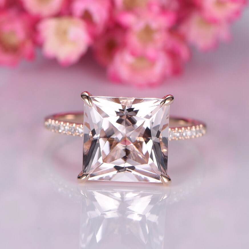 Morganite ring rose gold engagement ring diamond thin band 10mm princess cut big morganite natural vs stone 14k ring anniversary gift