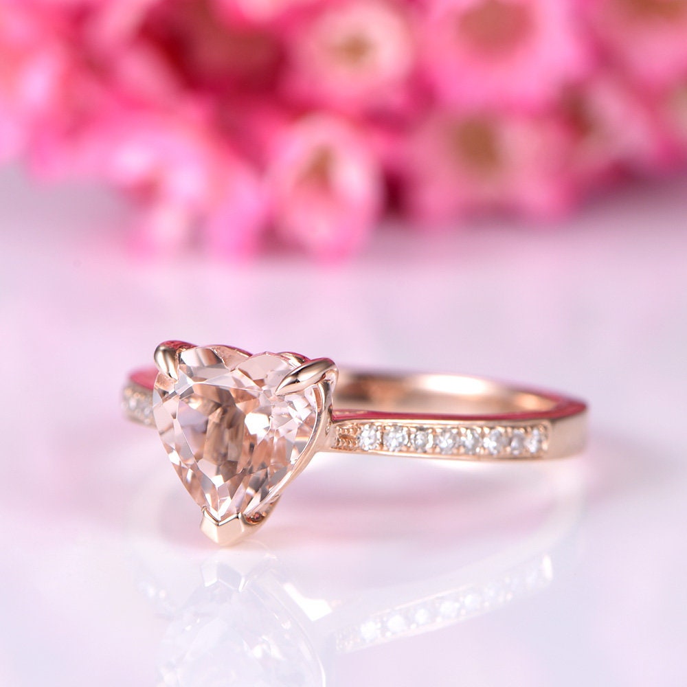 Morganite engagement ring rose gold 7mm heart shaped natural pink morganite ring diamond wedding band channel set 14k 18k available