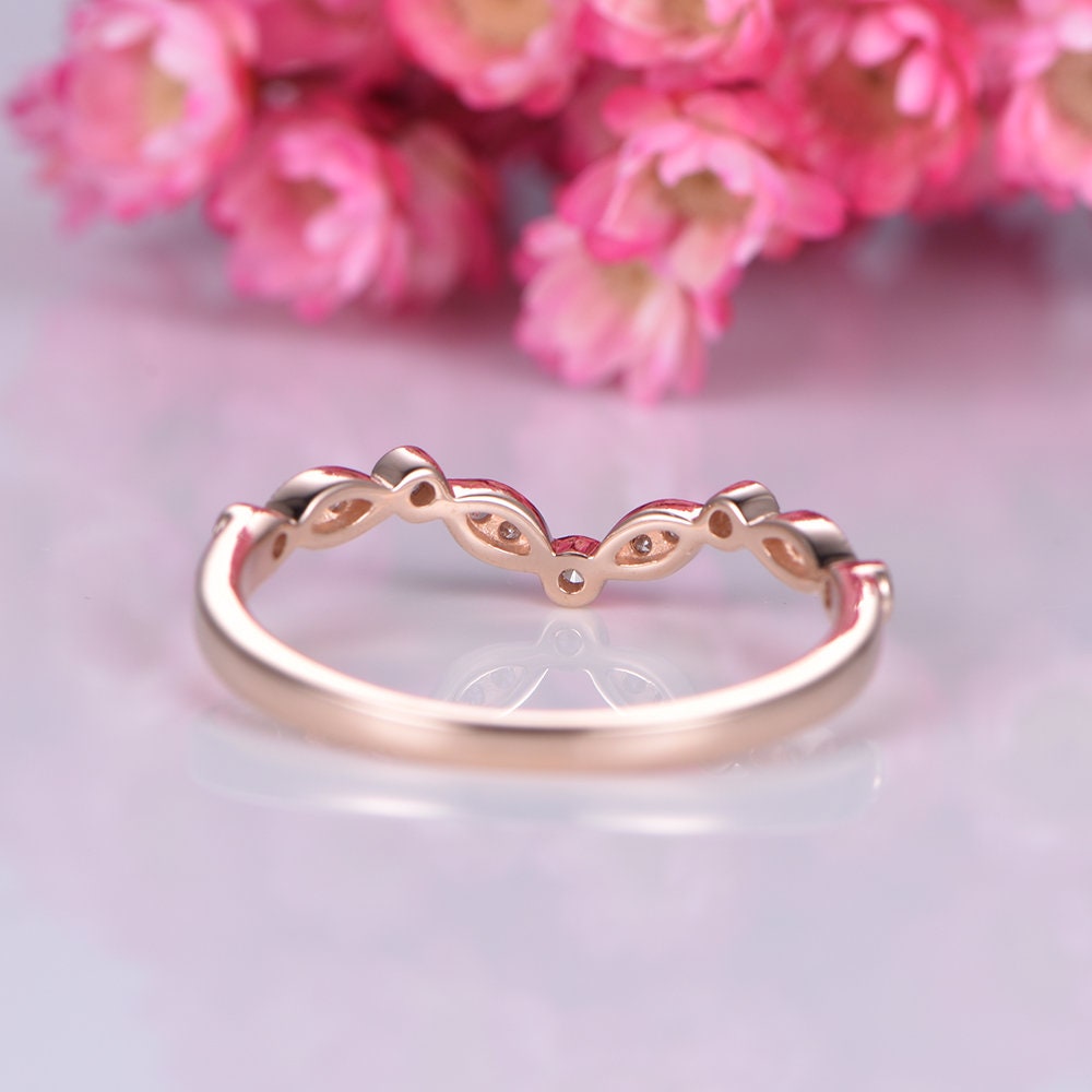 Diamond wedding band 14k rose gold art deco diamond matching band curved shape stacking band natural conflict free stone customized