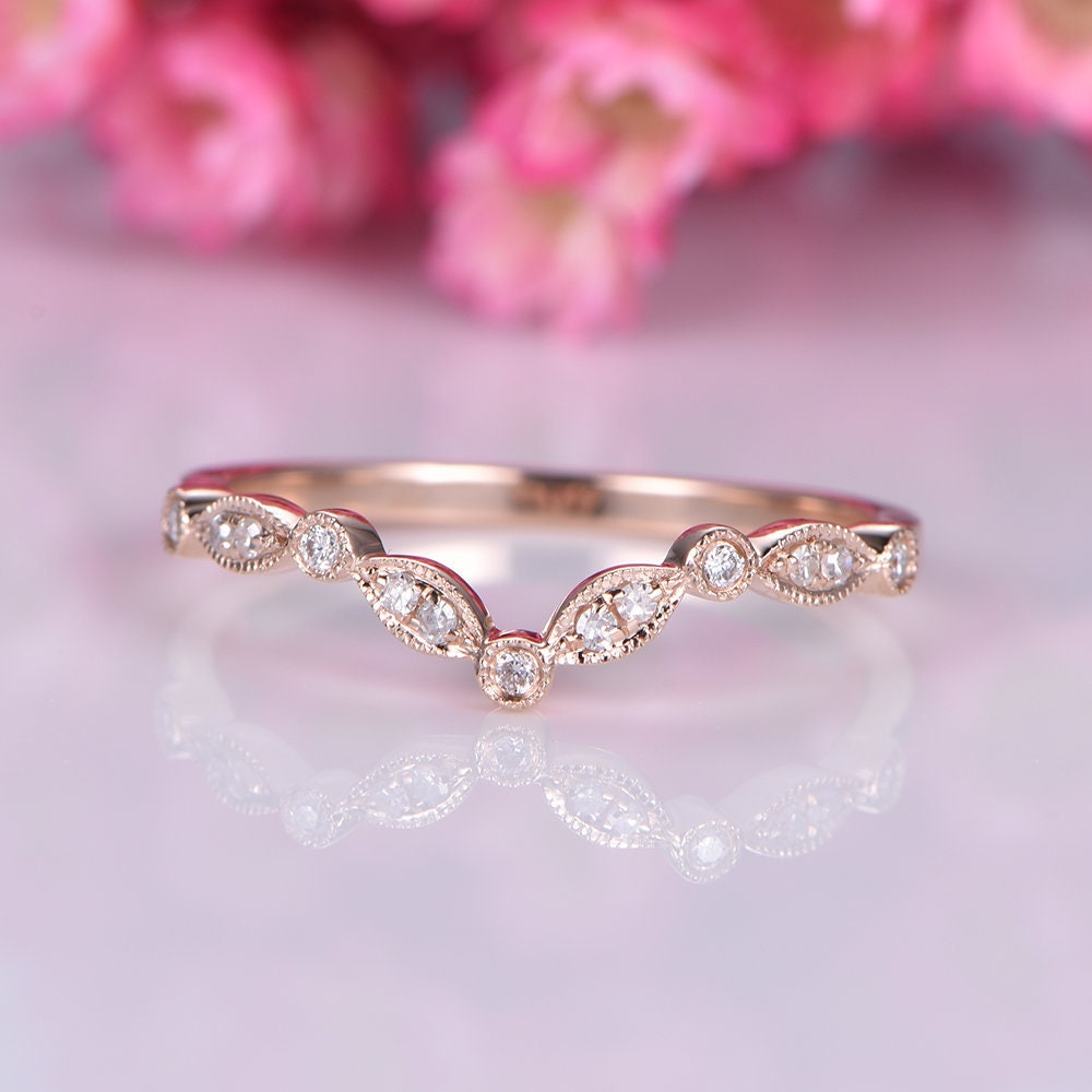 Diamond wedding band 14k rose gold art deco diamond matching band curved shape stacking band natural conflict free stone customized