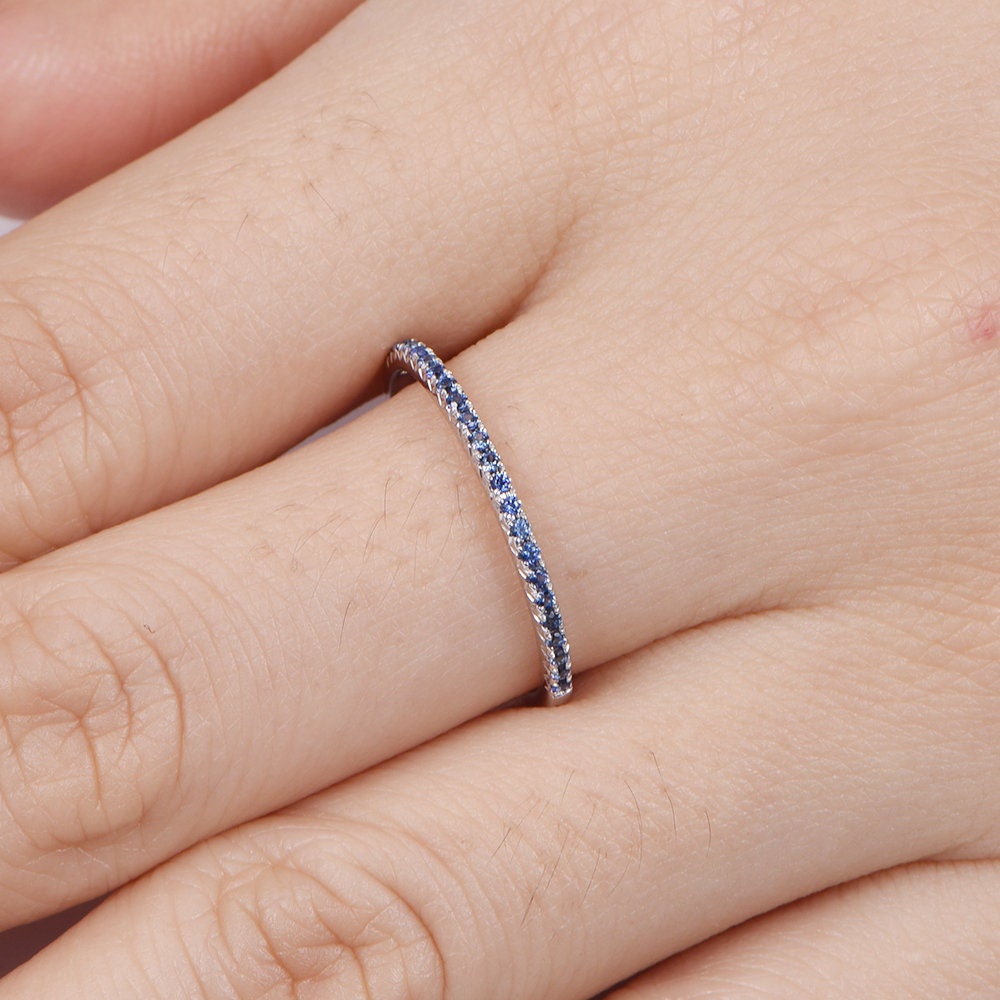 Blue sapphire wedding band 14k white gold half eternity ring petite matching band natural sapphire stacking ring custom jewelry